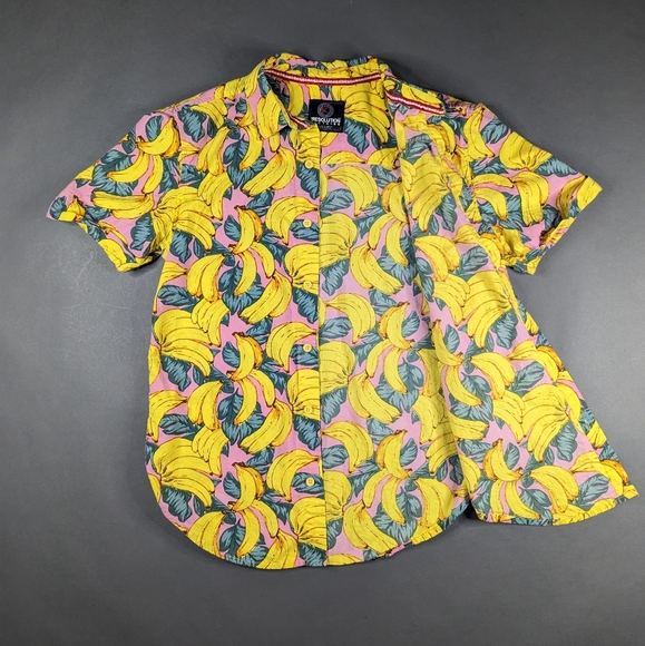 Hawaiian Shirt "One Resolution" with Bananas, Leaves, Pink. Men's (S) - Picture 3 of 7